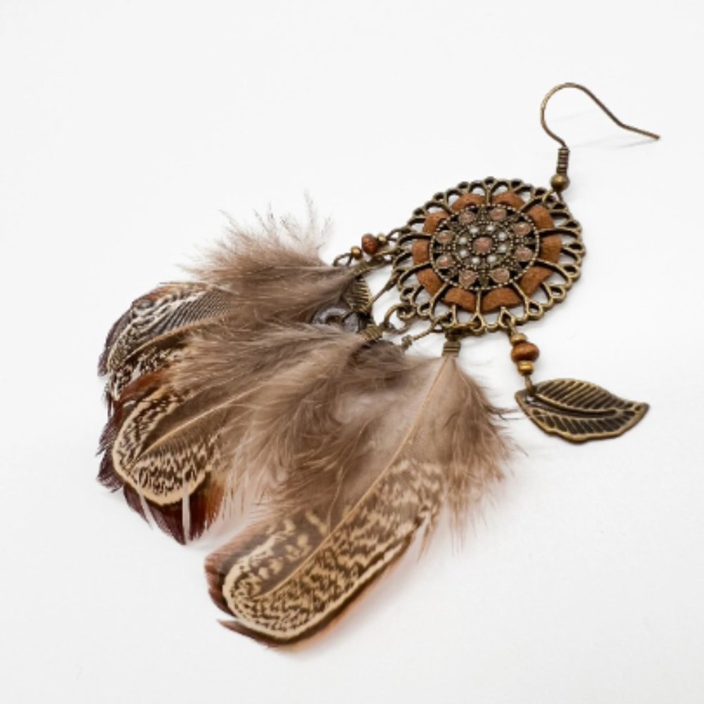 Boho Feather Dreamcatcher Dangle Statement Earrings - Picture 5 of 8